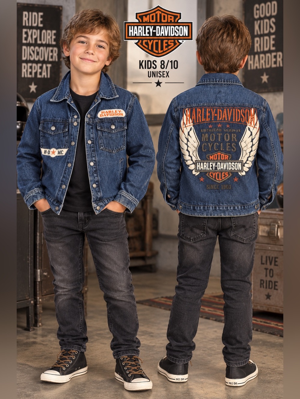 Harley-Davidson Kids boys 8/10 Denim Jean Jacket Unisex Motorcycle Biker Graphi
